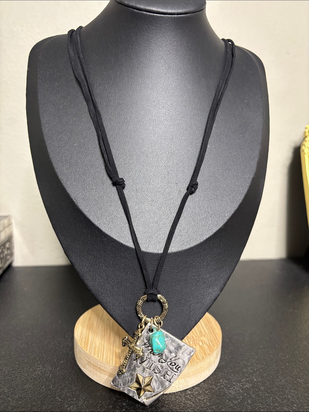 Handmade When You Wish Black Cord Necklace Adjustable Turquoise Charm Star